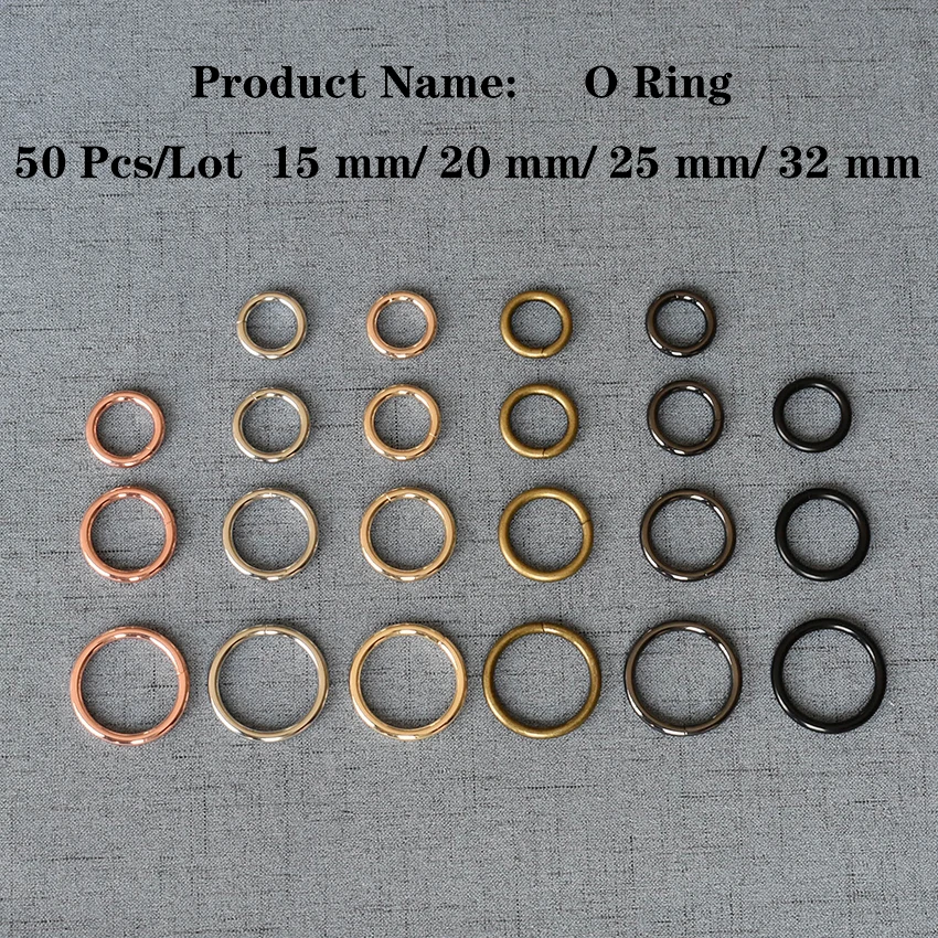 

50 Pcs/Lot 15mm 20mm 25mm 32mm O Ring Metal Buckle for Handbag Strap Dog Chain Webbing Snap Clasps Purse Bag Handle OR69506