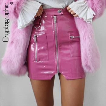 

Cryptographic PU Leather Sexy High Waist Skirt Zipper Fake Pockets Streetwear Fall Winter Split Pink Mini Skirts Bodycon Short
