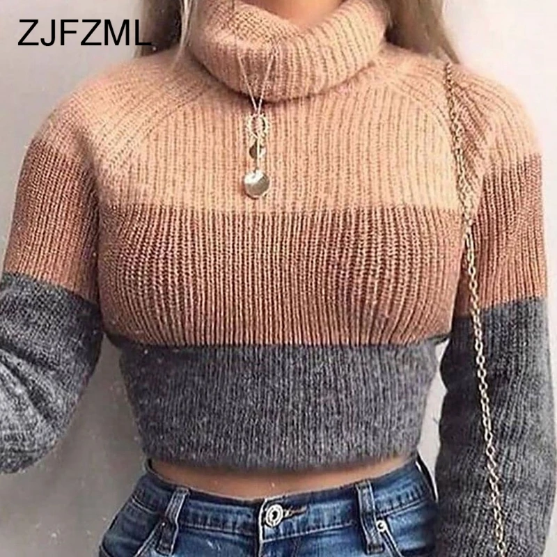 

Women's Turtlenecks Sweaters Fashion Long Sleeve Striped Knitted Pullovers Females Jumpers Causal Slim Cropped Sweaters Fall