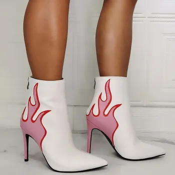 

Brand New Fashionable Flame Design Thin High Heels Pointed Toe Ankle Booties Party Big Size 43 Women Shoes Boots Female