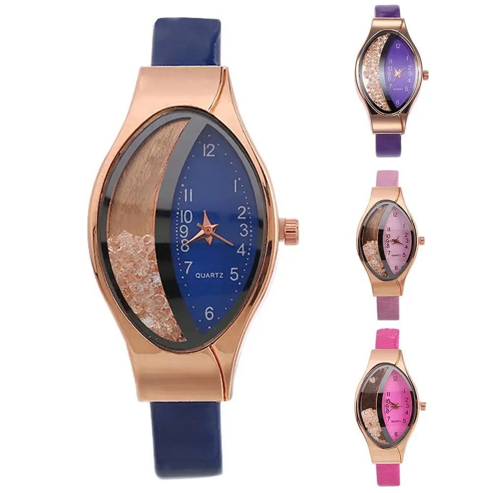 

Lady Quartz Watches Quicksand Rhinestone Oval Dial Faux Leather Strap Analog Fashion Wrist Watch Quartz Wristwatches Xmas Gift