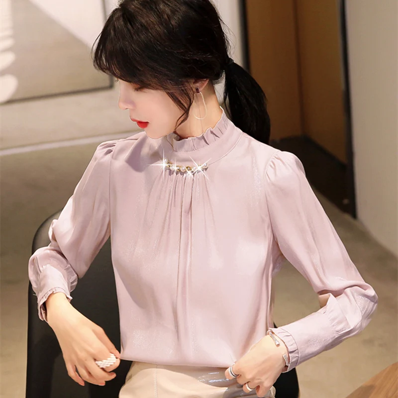 

Autumn Korean Fashion Silk Women Blouses Beading Satin Pink Women Shirts Plus Size XXL Blusas Femininas Elegante Ladies Tops