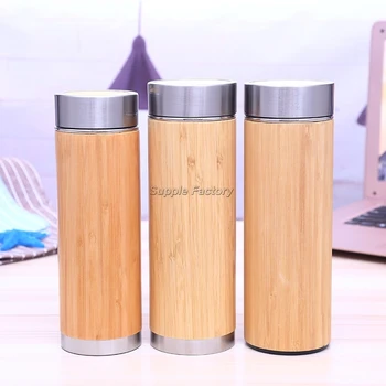 

20pcs 450ML Bamboo Water Bottle Vacuum Insulated Coffee Travel Vacuum Cup With Tea Infuser Strainer Wooden Bottle