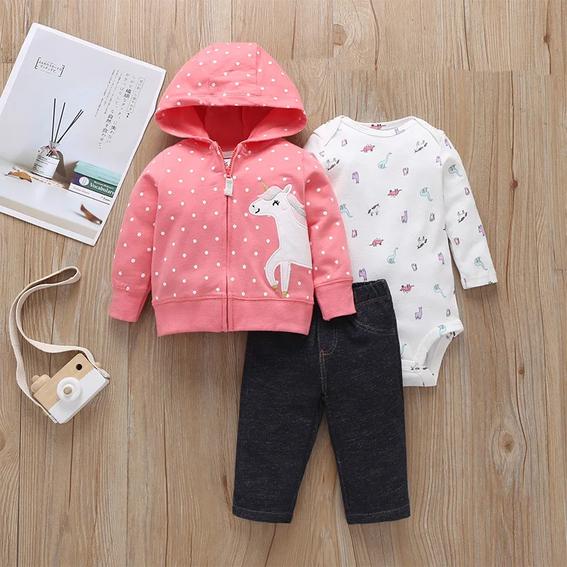 thumbnail image 1 of 3PCS Infant Baby Boy Girl Clothes Set 2020 Spring Fall Animals Floral Warm Hooded Coat+Romper+Pants Newborn Baby Clothing Outfit, 1 of 5