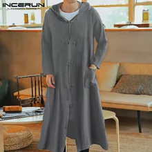 INCERUN Vintage Fashion Men Solid Color Long Sleeve Hooded Long Trench Jackets Casual Buckle Men& Women Hoodies Dress Overcoats