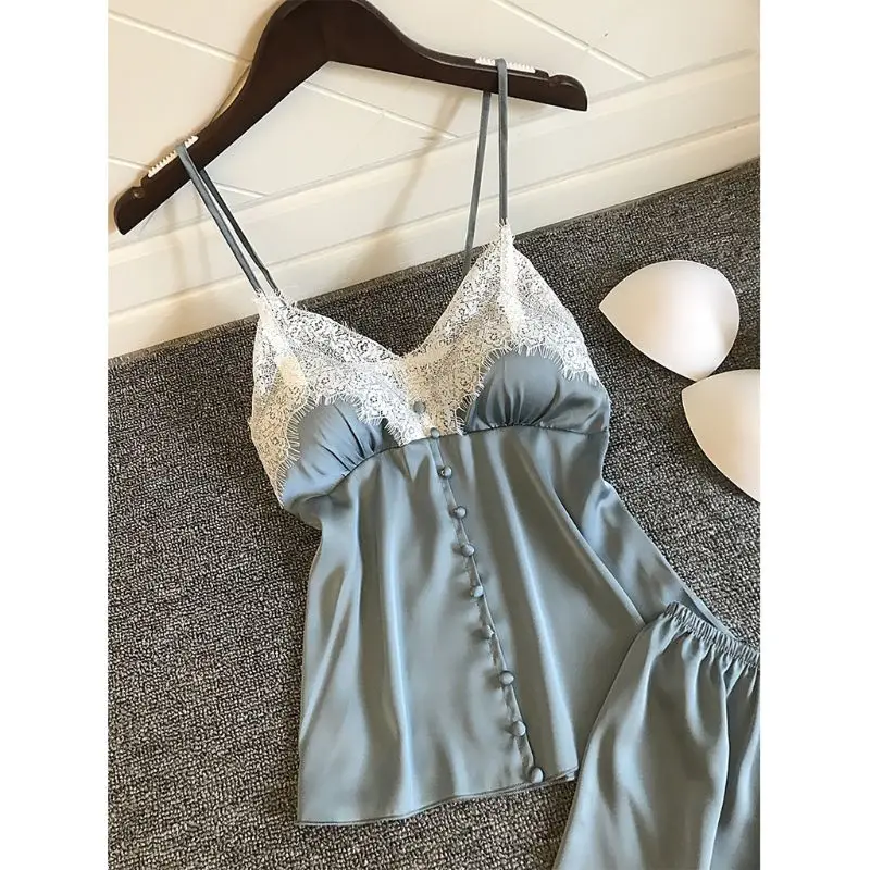 Womens Imitation Silk Sexy Lingerie Set Push Up Padded Button Down Camisole Wide Leg Eyelash Lace Shorts Solid Color Nightwear