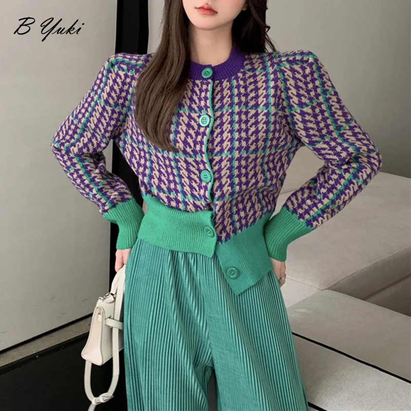

Blessyuki Loose Soft Cashmere Knit Cardigan Sweaters Women 2023 Spring Korean Plaid Cropped Sweater Female Fashion Vintage Tops