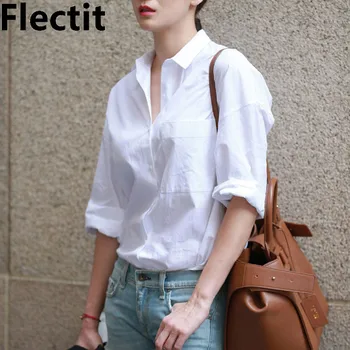 

Flectit Casual Chic Women White Shirt Basic Collar Button Down Long Sleeve Boyfriend Blouse Spring Summer Tops Outfit *