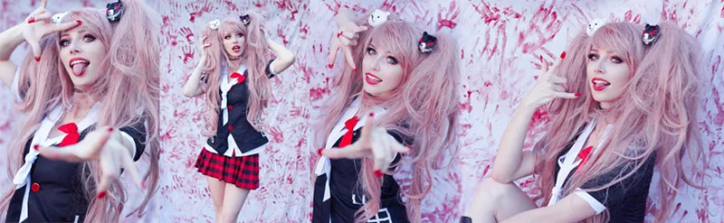 Ebingoo Danganronpa джунко эношима парик двойной хвост Розовый Синтетический косплей парик длинный натуральный волнистый парик с челкой+ головной убор