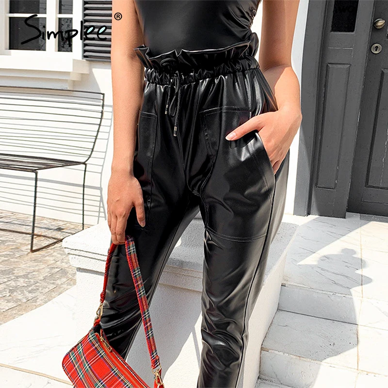 Женские длинные брюки из искусственной кожи Simplee черные узкие брюки-карандаш с