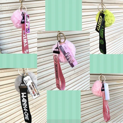 

KPOP BLACKPINK GOT7 seventeen keychain TWICE WANNA ONE Creative key buckle hanging rope Plush ball key ring key chains wholesale