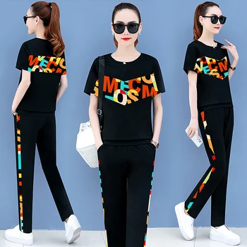 

Cotton Printed Two-piece Set Women's Casual Large Size Short Sleeve Stitching Age-reducing Slim Summer Letter Sweater 2piece Set