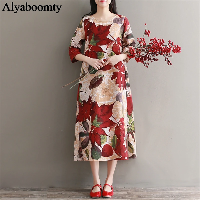 

Autumn Spring Women Midi Dress O Neck Vintage Floral Printed Vestidos Longo Half Sleeve Cotton Linen Split Plus Size Dress Gown