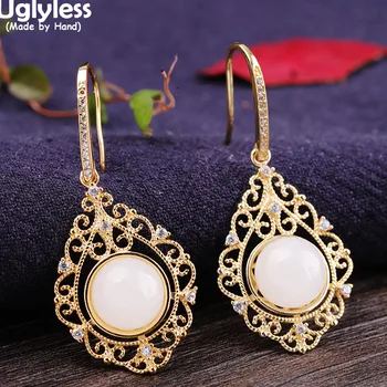

Uglyless Luxury Palace Patterns Hollow Dress Jewelry Sets for Women Real 925 Silver Pendants Necklace Earrings Sets Natural Jade
