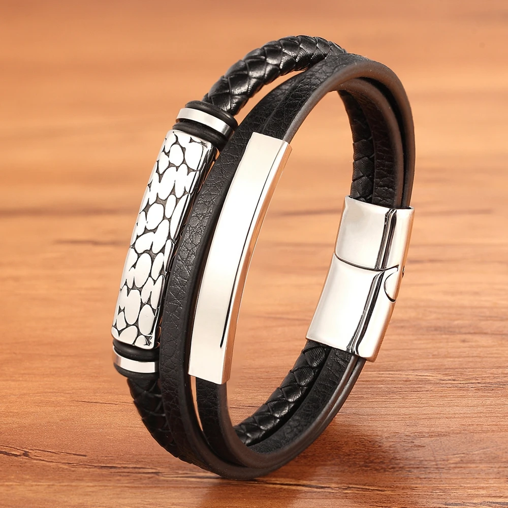 Geometric Pattern Multi-layer Accessories Black Men’s Leather Bracelet Luxury Jewelry Valentine’s Day Gift Free Shipping