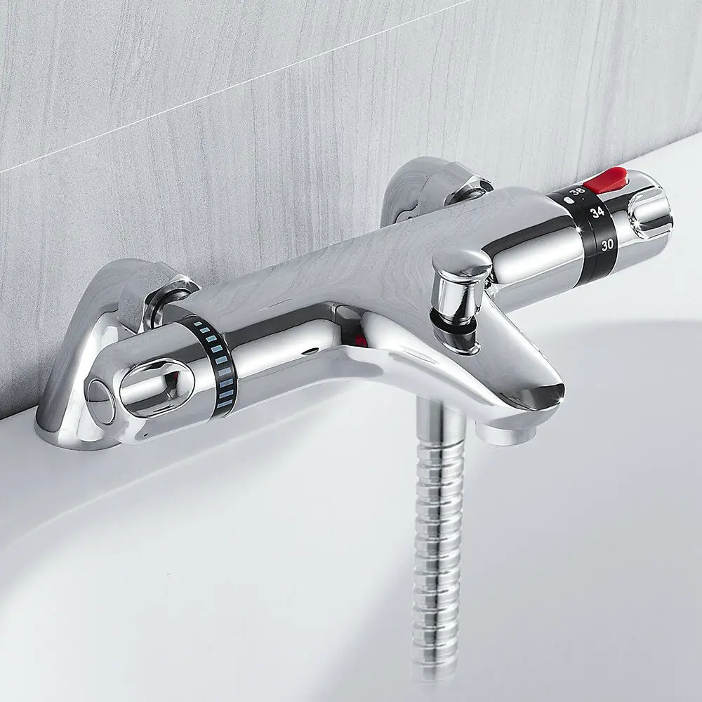 

Bath Shower Faucet Thermostatic Faucet Wall Mounted Mixer Valve Tap Temperature Control Rain Shower Chrome Bathroom Twin Outlet
