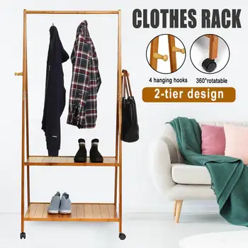 

Bamboo Coat Rack Floor Standing Hanger Storage Clothes Rack Bedroom Living Room 2-Tier Shelves Furniture