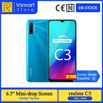 Перейти на Алиэкспресс и купить В наличии глобальная версия Realme C3 смартфон, 3 Гб оперативной памяти, 64 ГБ 6,5 ''мини-капля Экран 12MP тройной Rear Cam Helio G70 разблокировка по отпечатк...