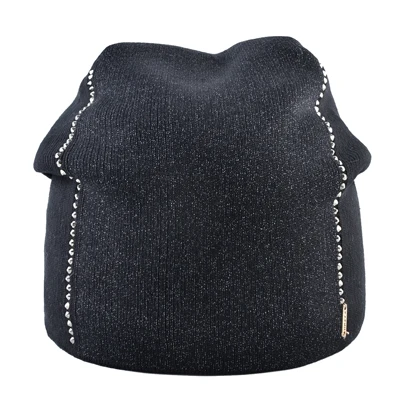 Winter Beanie Women Knitted Wool Hats Female Fashion Skullies Beanies With Rhinestones Solid Color Warm Knit Bonnet Ladies Cap - Color: Black