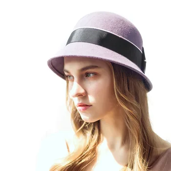 

Elegant Women Round Bowler Cap Imitation Wool Bowknot Fedoras Cotton Church Cloche Bucket Hat Vintage Brim Chapeu Feminino M36