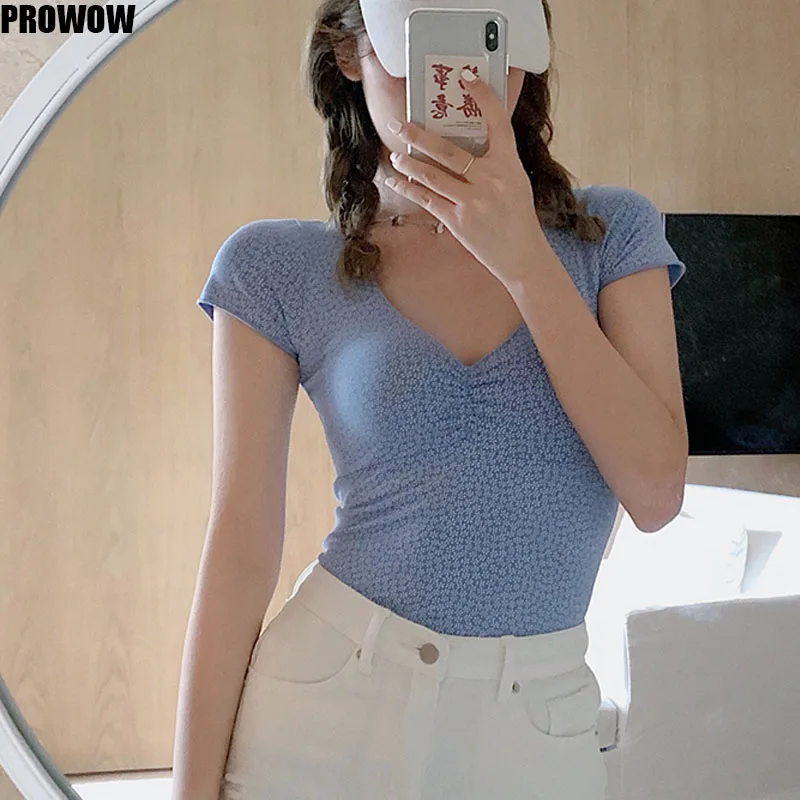 Korean Sexy Cotton Slim Ladies Tops Shirts 2020 Summer Casual V Neck Short Sleeve Tees Femme Knitted Floral Print T Shirts Women