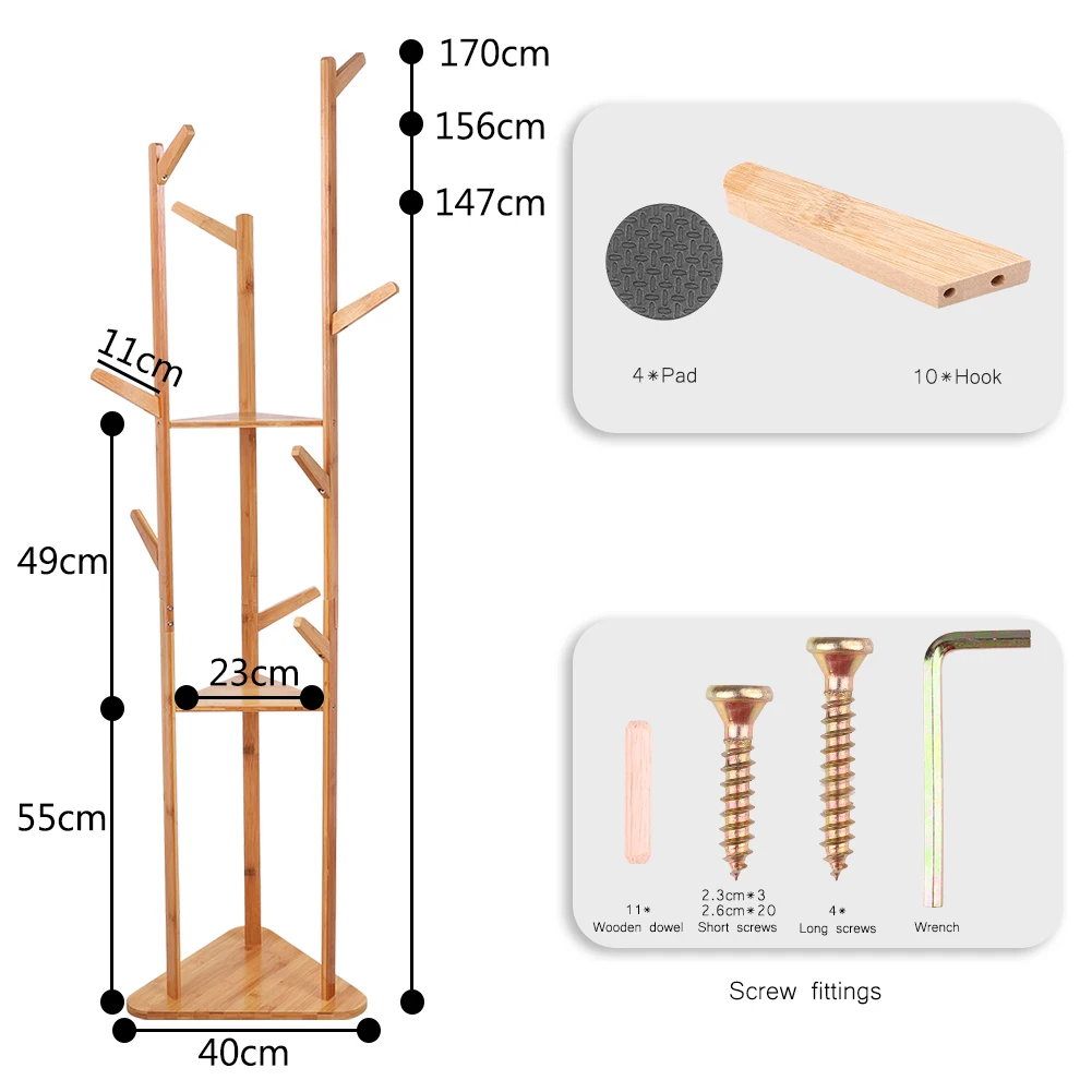 Bamboo Coat Rack Tree Cloth Hanger 9 Hooks 3-Layer Shelf Stand Hallway Living Room for Hat,Clothes,Scarves,Handbags,Umbrella 4