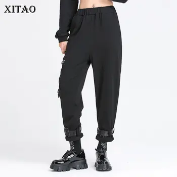 

XITAO Black Pleated Cargo Pants Fashion New 2020 Spring Pocket Small Fresh Elegant Goddess Fan Elastic Waist Pants DMY2924