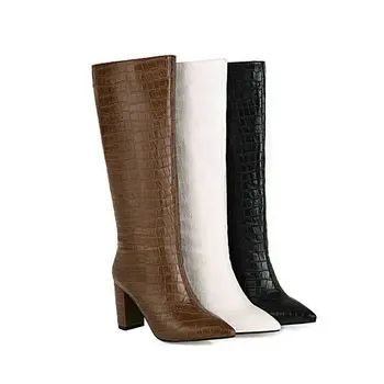 

Winter Women Boots Fashion Crocodile Print Knee High Boots Pointed Toe High Heel Long Boots Autumn Woman Shoes