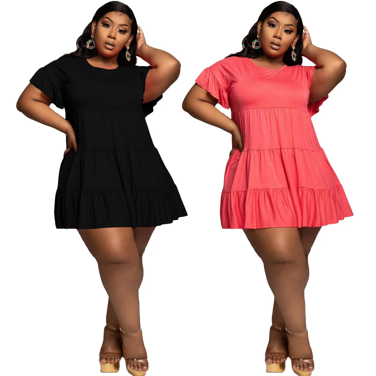Fat Woman 5XL Big Size Short Sleeve Dress Womens Casual Miniskirt Flounces Round Collar Loose Dress Short Dress 2021 Summer New