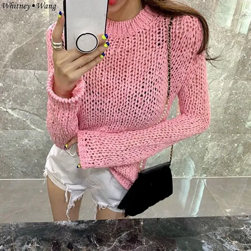 Розовый WHITNEY WANG осень мода уличная Корея стиль сплошной цвет выдалбливают свитер женский джемпер sueter mujer invierno - Цвет: Розовый