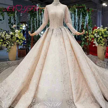 

AXJFU luxury princess beading crystal champagne lace high neck bride illusion bride pearl flower long sleeve wedding dress 99052