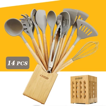 

New Kitchen Utensil Set 7-14Pcs Silicone Cooking Set Kitchen Accessories with Large Spoon Bamboo Handle NonStick Kitchen Tools