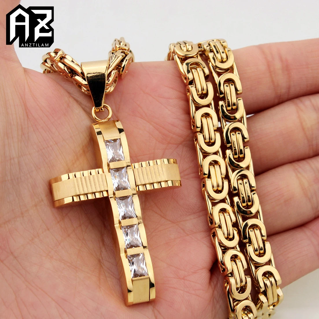 AZ Hip Hop 316L Stainless Steel Cross Pendants Necklace With Byzantine Chain For Male Jewelry Gold Color Women Accessories | Украшения и