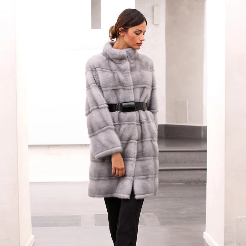 Новая длинная натуральная норка шубы из меха Роскошная натуральная теплая норковая шуба для женщин куртка пальто - Цвет: 90cm  Without belt