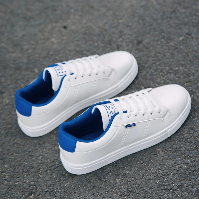 Мужская Вулканизированная обувь на плоской подошве; дышащие Прогулочные кроссовки; простая модная Мужская Уличная обувь в Корейском стиле на шнуровке; белый шик - Цвет: blue