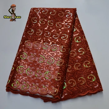 

African Organza Lace Fabric Embroidery Nigeria Magenta Lace Fabric With Sequins For Wedding Dress