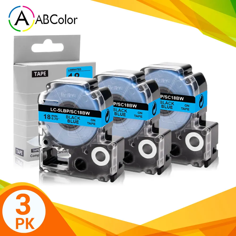 

3PK SC18BW Tape 18mm Black on Blue Label Tape LC-5LBP Label Maker Tape For King Jim Epson LabelWork LW-500 LW-400 LW-700 Printer