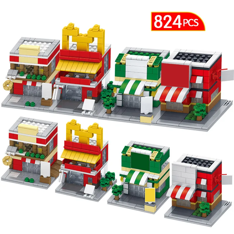 

City Street Mini Bircks Dessert Street Asian Food Street Clothing Street Architecture 3D Model Building Blocks Toys for Kids