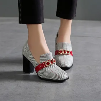 

Big Size ladies high heels women shoes woman pumps Square-headed Nonferrous Metal Decorative Single Shoes