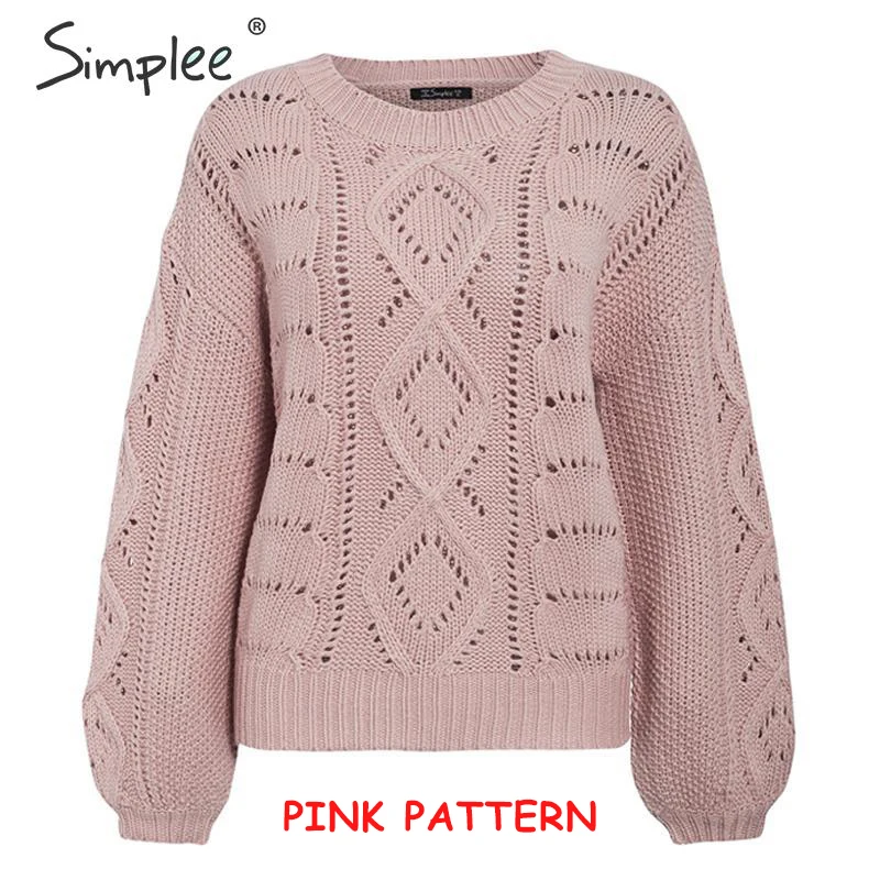 Simplee Hollow out knitted women pullover sweater Lantern sleeve female autumn winter sweater O-neck casual ladies jumper