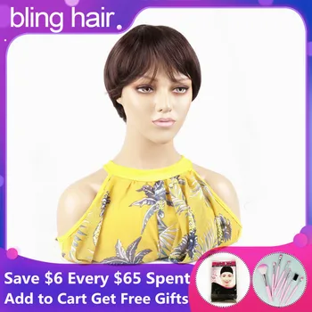 

Short Cut Human Hair Wigs For Black Women 130% Density Cheap Peruvian Pixie Cut Wigs With Bangs Machine Made #2 #4 F4/27 Color