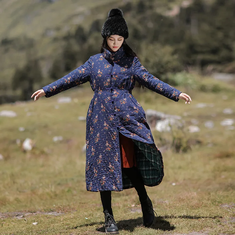 Женское винтажное пальто Johnature теплое хлопковое с цветочным принтом карманами и