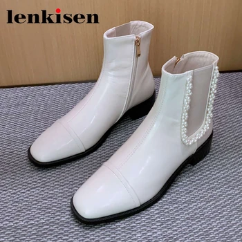 

Lenkisen basic cow leather square toe med heel Chelsea boots pearl decoration princess style pretty girls dating ankle boots L34