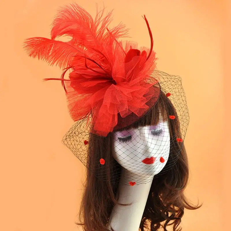 as the shown Women Hat Ladies Flower Bowknot Mesh Feathers Hair Clip Party Veil Headbands AXYD - Цвет: as the shown