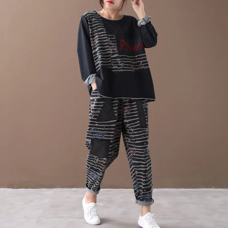 

XXXL 2019 Autumn New Korean Striped Tracksuit Ladies Tops And Pants Womens Punk Two Pieces Sets Outfits Female Clothes AA285S30