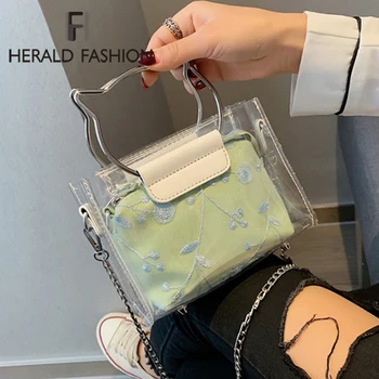 

2020 High quality clear bag PVC Transparent Women bag Metallic Ring Tote bag Beach Travel Chain Shoulder Messenger Bag purse