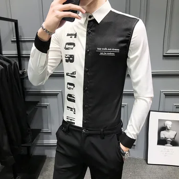 

2020 NEW Patchwork Slim Fit Men Shirt Party Club Bar Streetwear Social Dress Shirt Camisa Homem Casual Long Sleeve Shirt Clothes