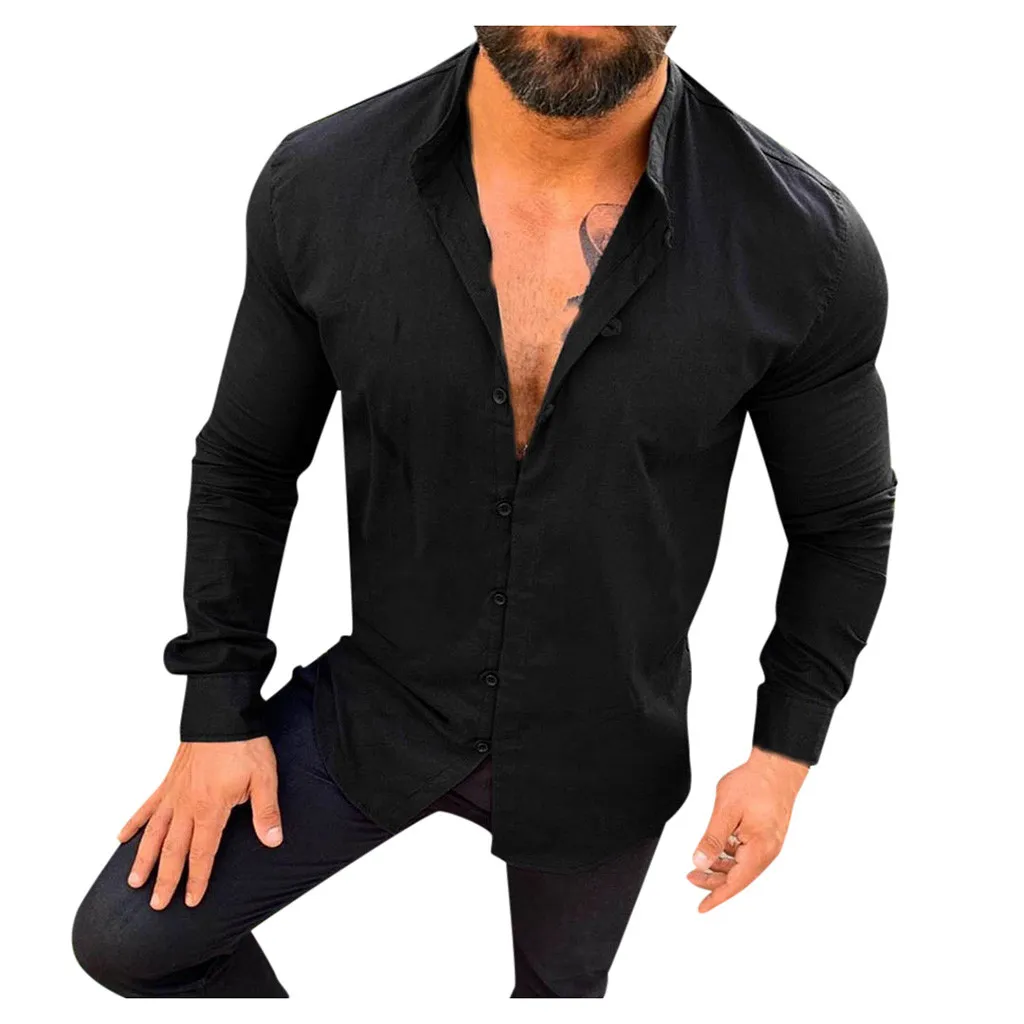 Прямая продажа с фабрики, модная мужская повседневная Однотонная рубашка с воротником-стойкой и пуговицами, Топ с длинным рукавом, блузка