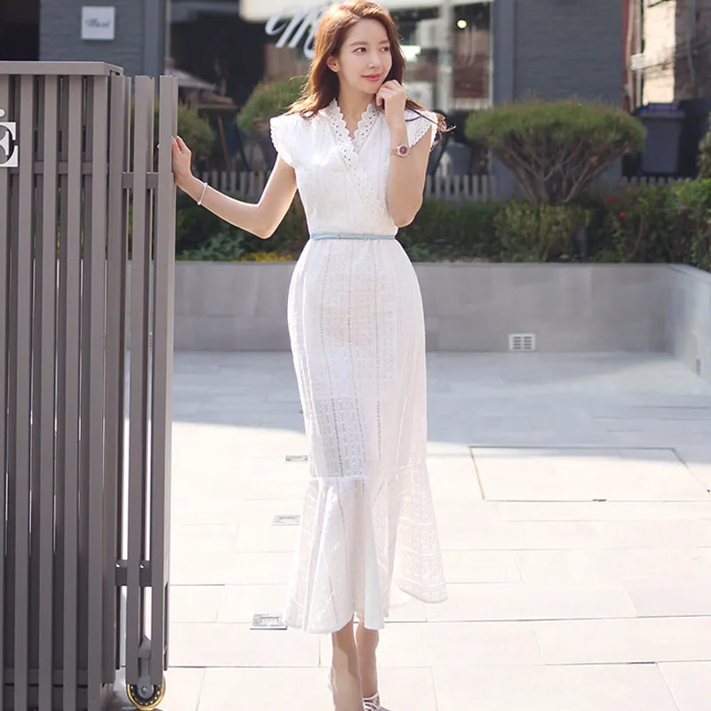 

White Mermaid Summer 2020 Long Dress Party Night Lace V Neck Ruffle With Belt Bodycon Fashion Office Women Maxi Clothing