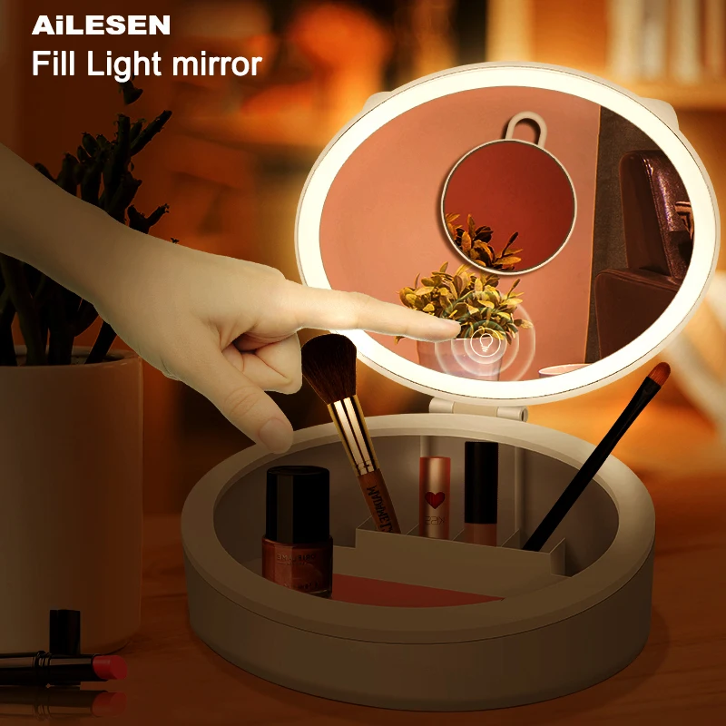  AiLESEN Cute Cat Design LED Desktop Light Mirror Illuminated Foldable Mirror Desktop Make Up Mirror